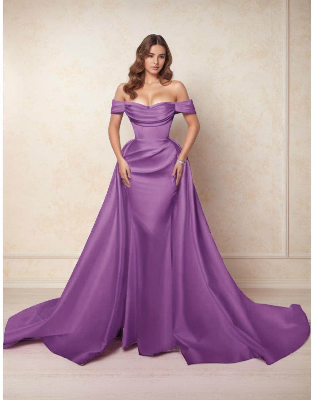 A-Line Chapel Train Satin Prom Dress CS0416 - COCOMELODY