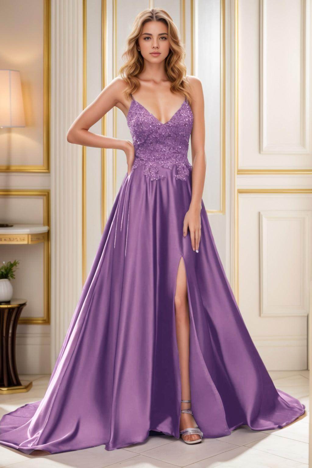 A-Line Court Train Satin Prom Dress CS0460 - COCOMELODY