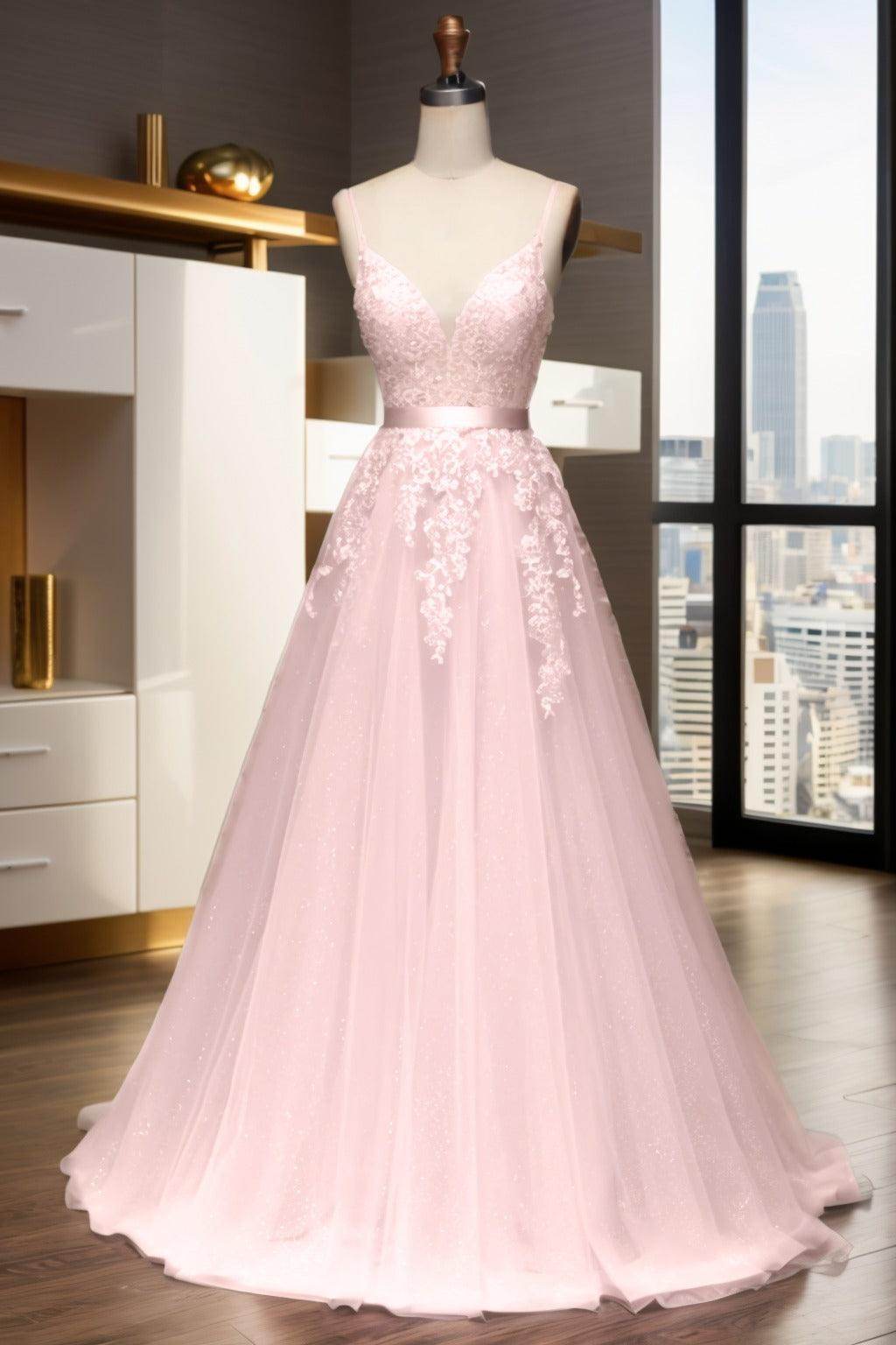 A-Line Sweep-Brush Train Tulle Prom Dress CS0464 - COCOMELODY