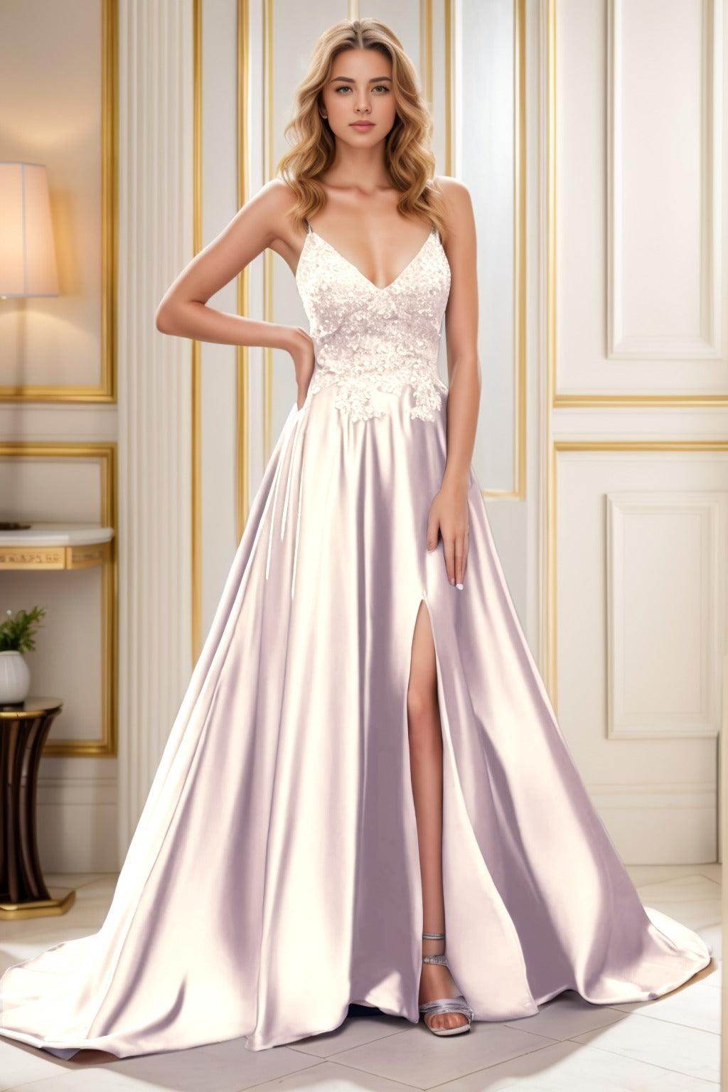 A-Line Court Train Satin Prom Dress CS0460 - COCOMELODY