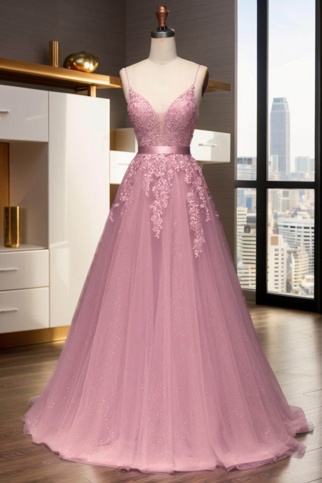 A-Line Sweep-Brush Train Tulle Prom Dress CS0464 - COCOMELODY