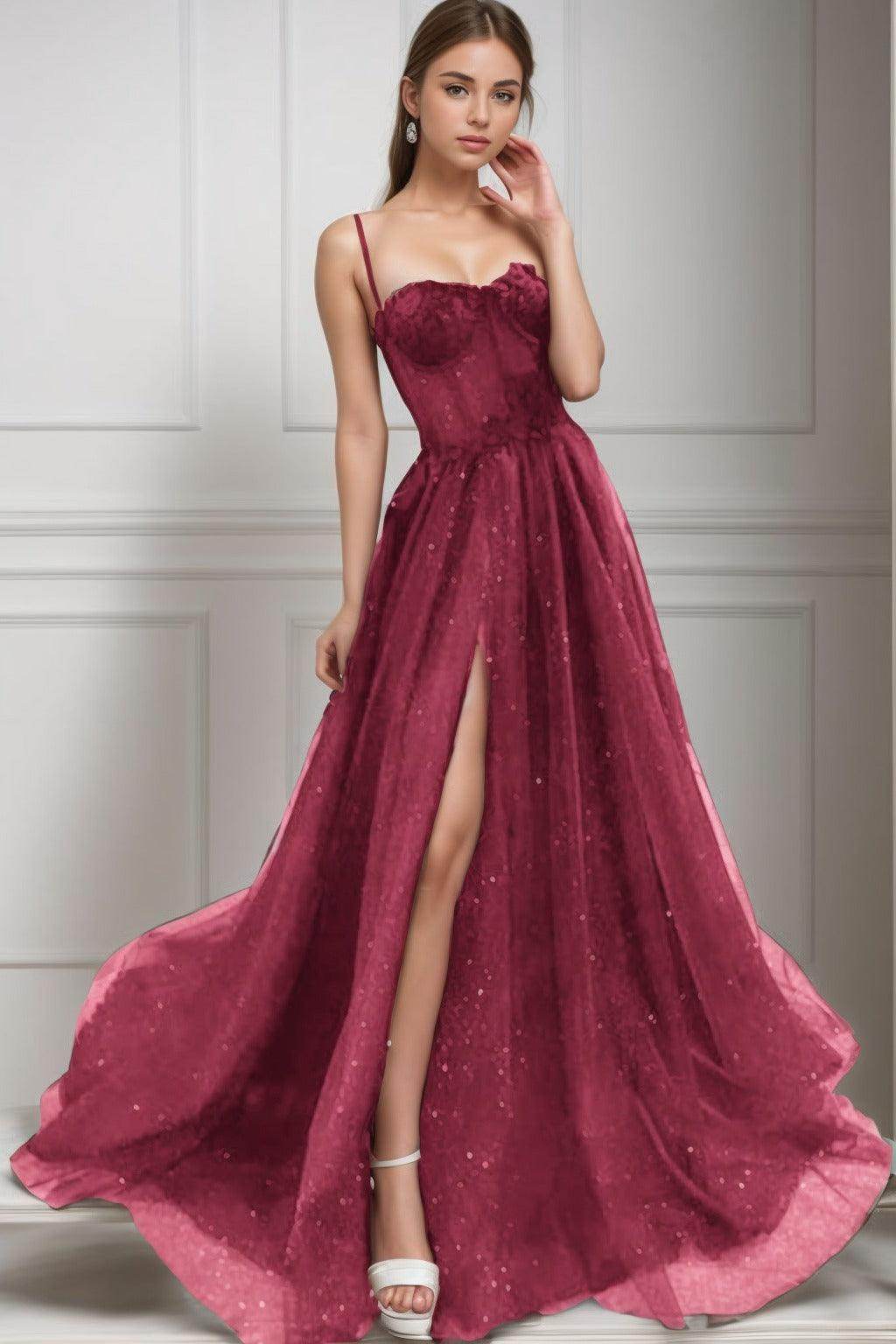 A-Line Sweep-Brush Train Tulle Prom Dress CS0439 - COCOMELODY