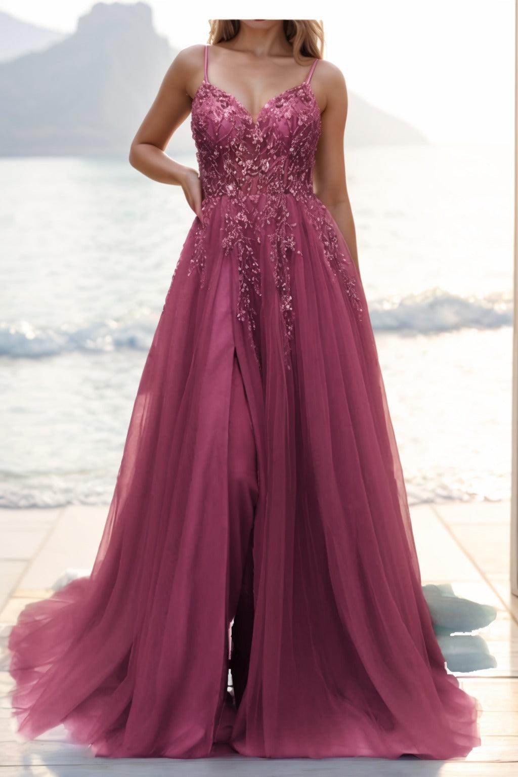 A-line Sweep-Brush Train Tulle Prom Dress CS0402 - COCOMELODY