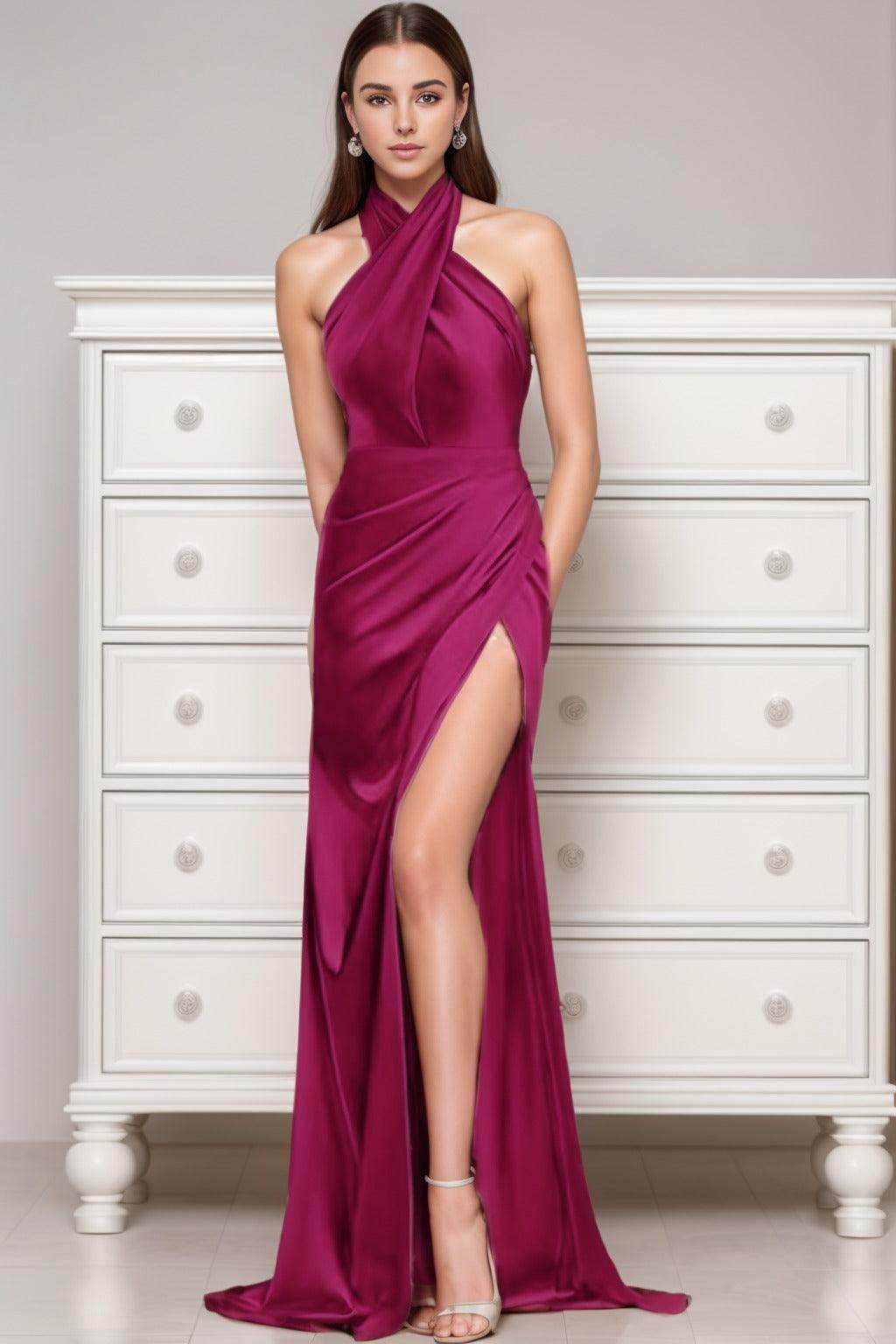 Sheath-Column Sweep-Brush Train Silk-Like Prom Dress CS0431 - COCOMELODY