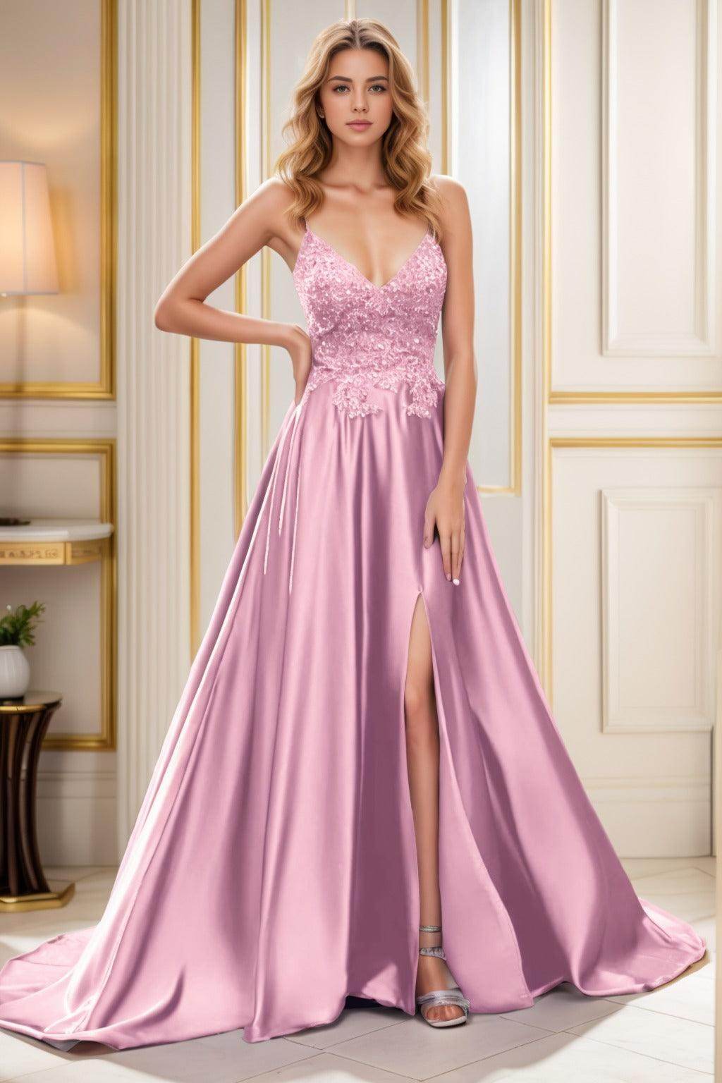 A-Line Court Train Satin Prom Dress CS0460 - COCOMELODY