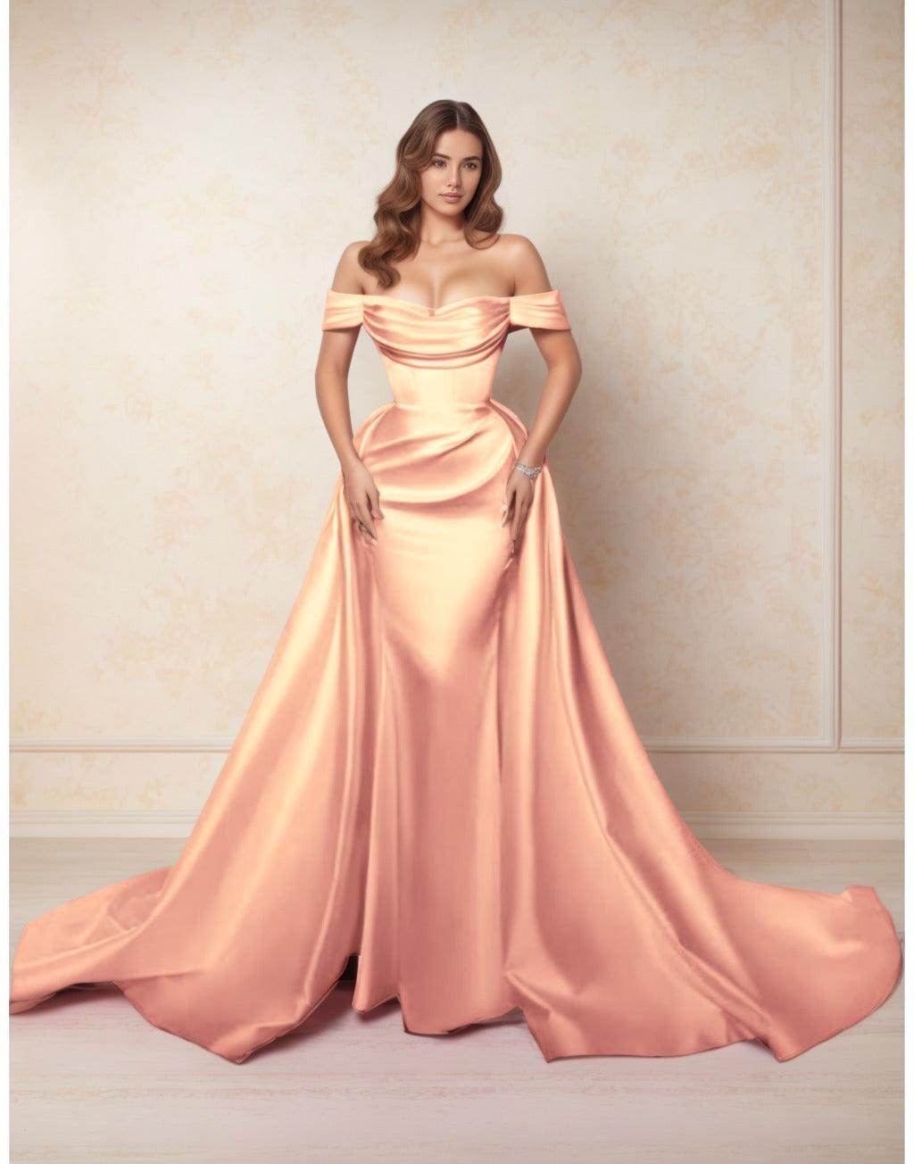 A-Line Chapel Train Satin Prom Dress CS0416 - COCOMELODY
