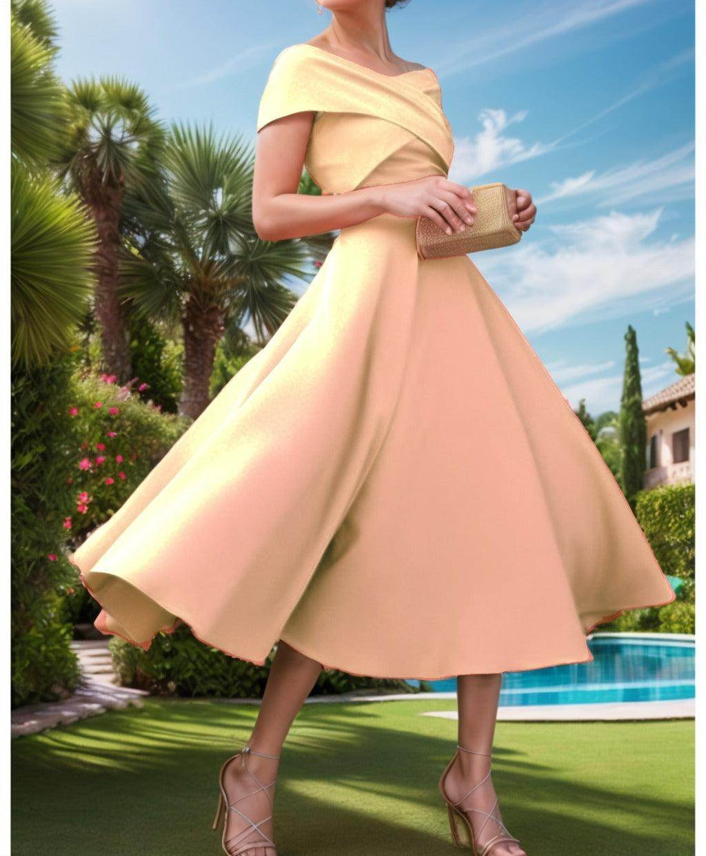 A-Line Tea Length Satin Prom Dress CS0455 - COCOMELODY