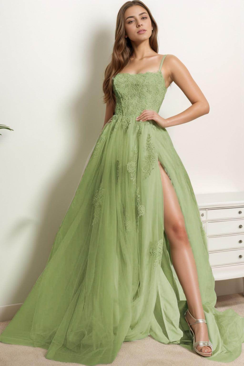 A-Line Sweep-Brush Train Tulle Prom Dress CS0415 - COCOMELODY