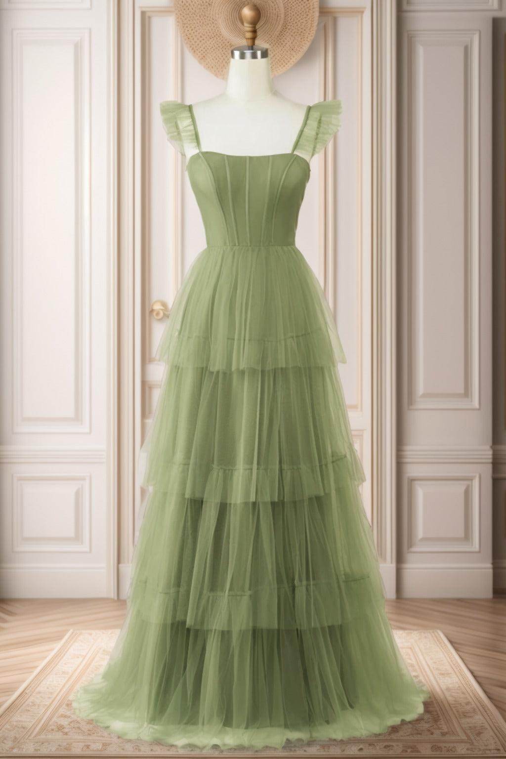 A-Line Sweep-Brush Train Tulle Prom Dress CS0471 - COCOMELODY