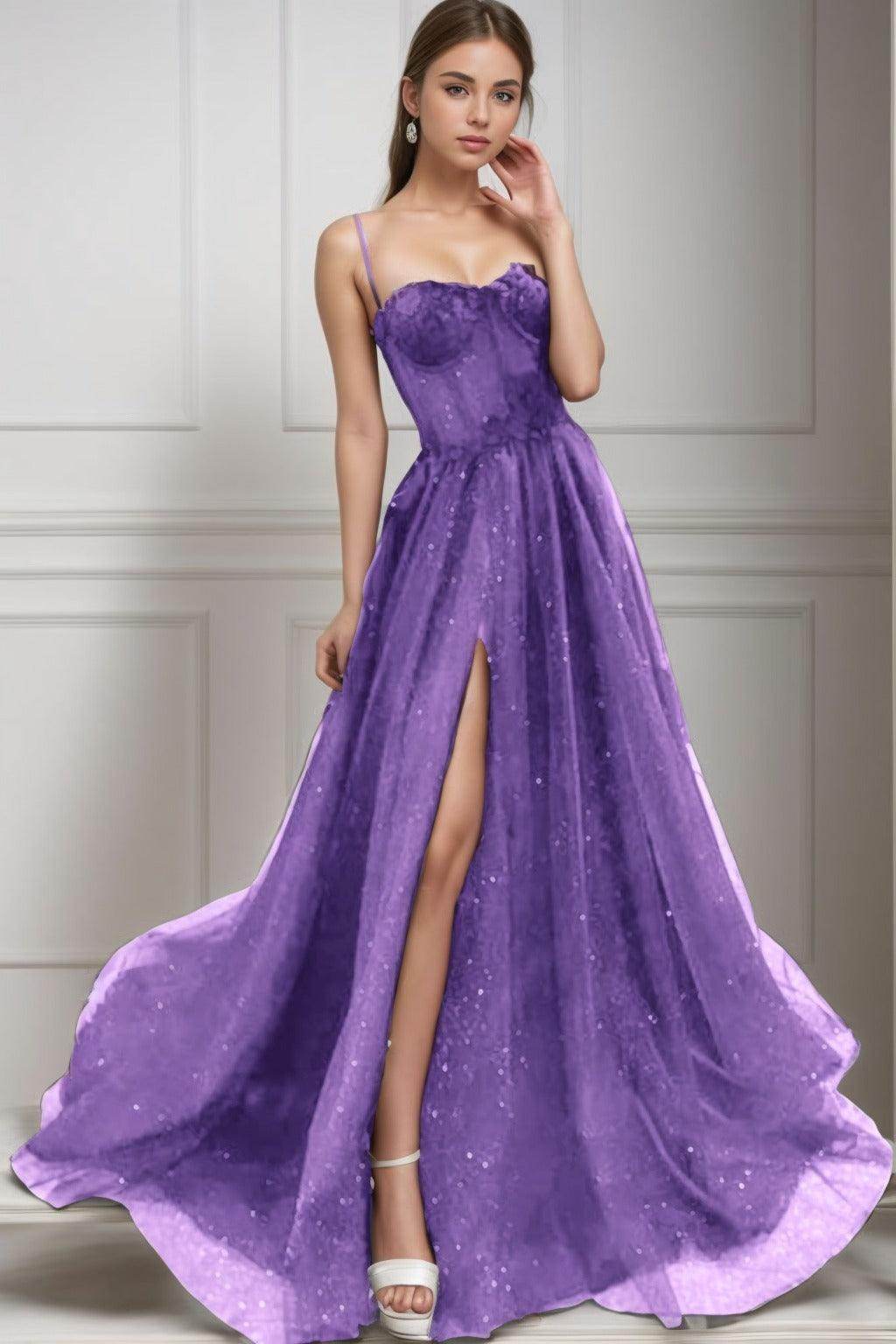 A-Line Sweep-Brush Train Tulle Prom Dress CS0439 - COCOMELODY