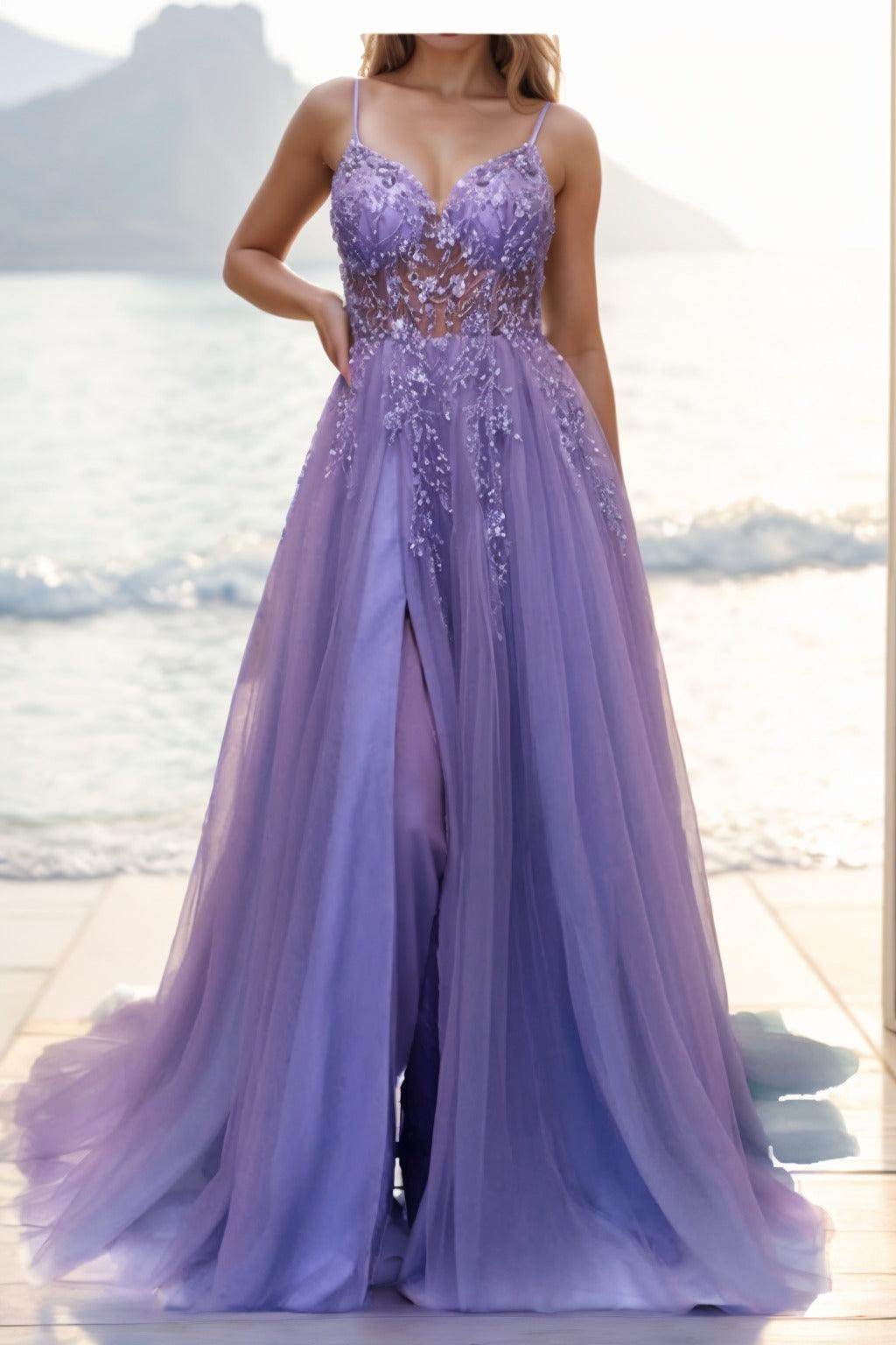 A-line Sweep-Brush Train Tulle Prom Dress CS0402 - COCOMELODY