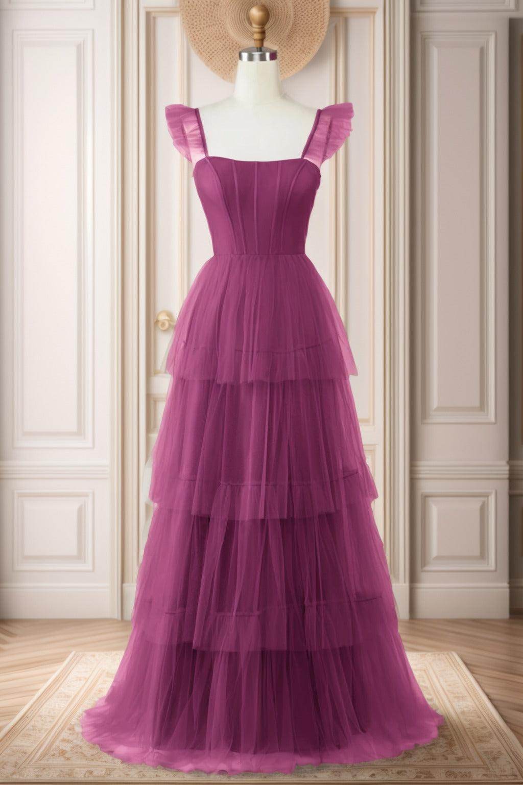 A-Line Sweep-Brush Train Tulle Prom Dress CS0471 - COCOMELODY