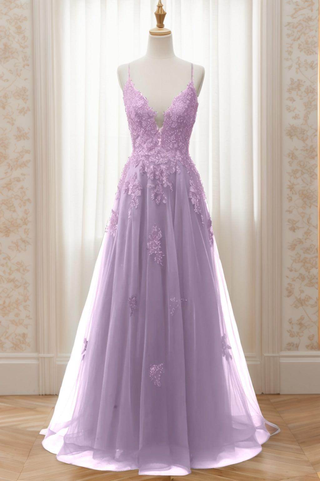 A-Line Sweep-Brush Train Tulle Prom Dress CS0463 - COCOMELODY
