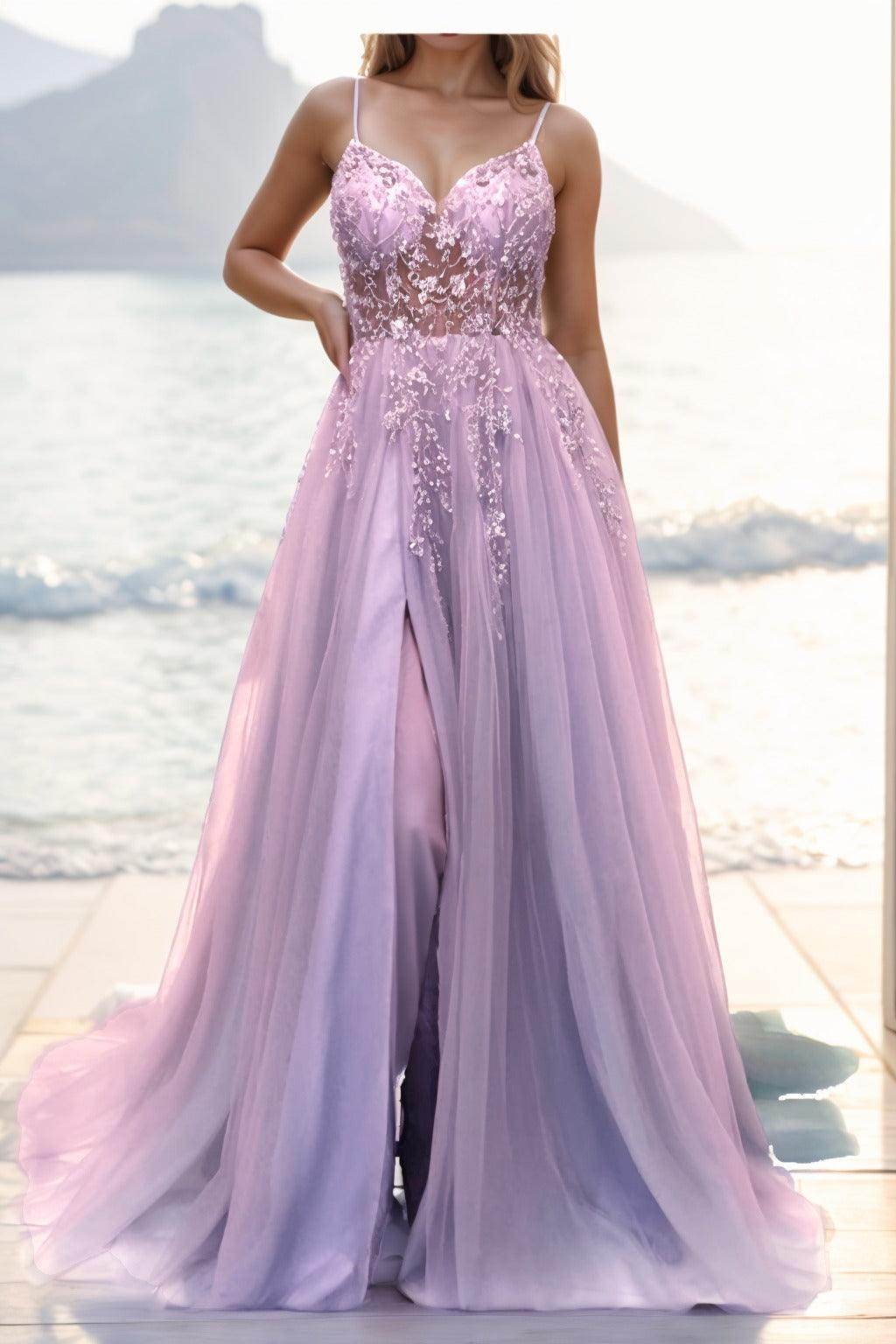 A-line Sweep-Brush Train Tulle Prom Dress CS0402 - COCOMELODY