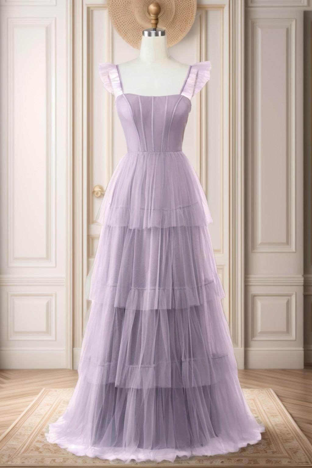 A-Line Sweep-Brush Train Tulle Prom Dress CS0471 - COCOMELODY
