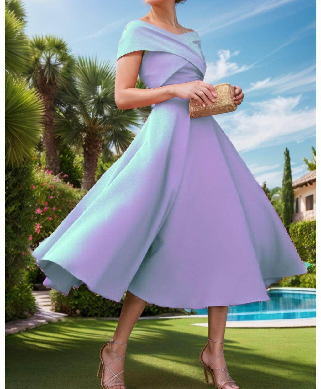 A-Line Tea Length Satin Prom Dress CS0455 - COCOMELODY