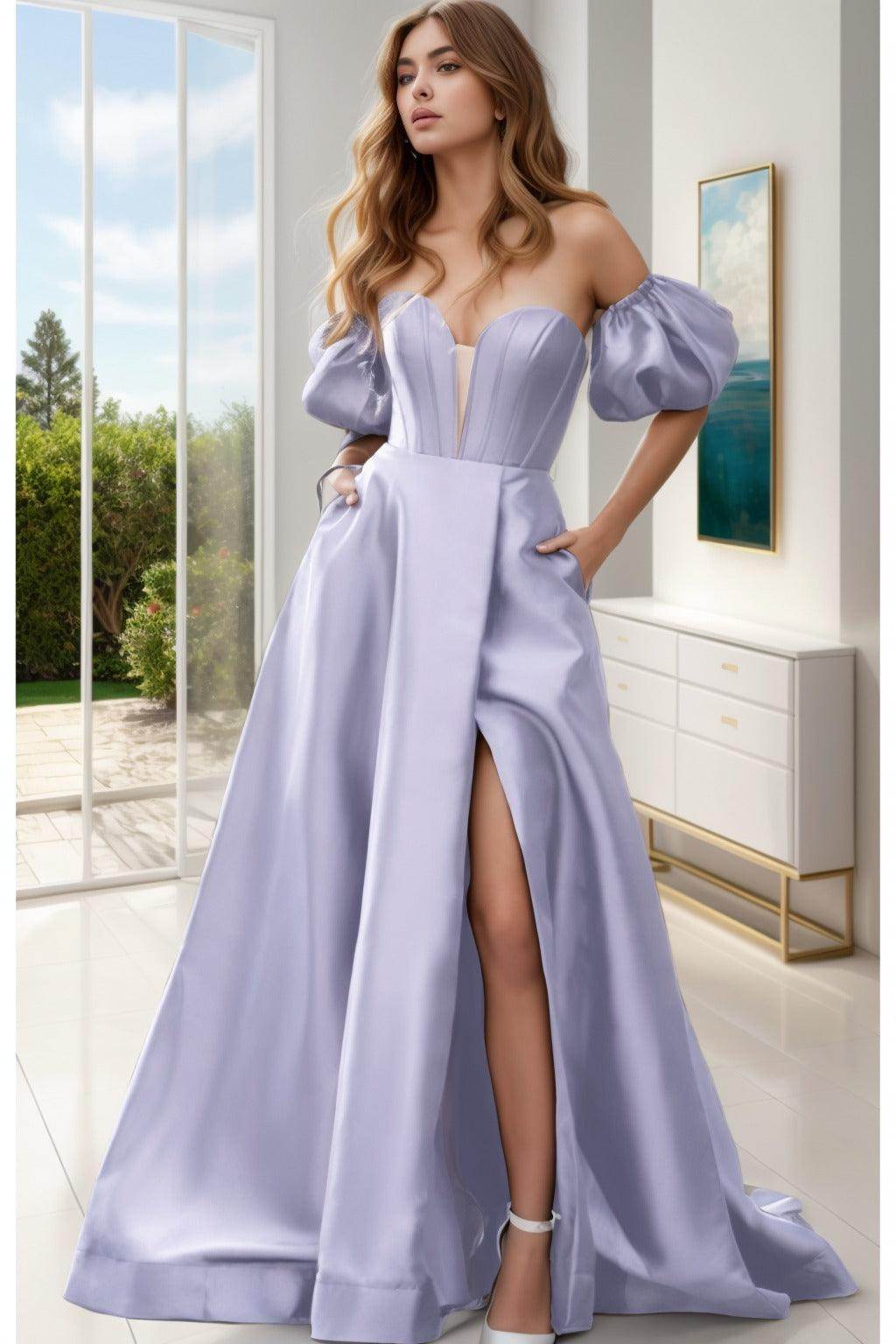 A-Line Sweep-Brush Train Satin Prom Dress CS0448 - COCOMELODY