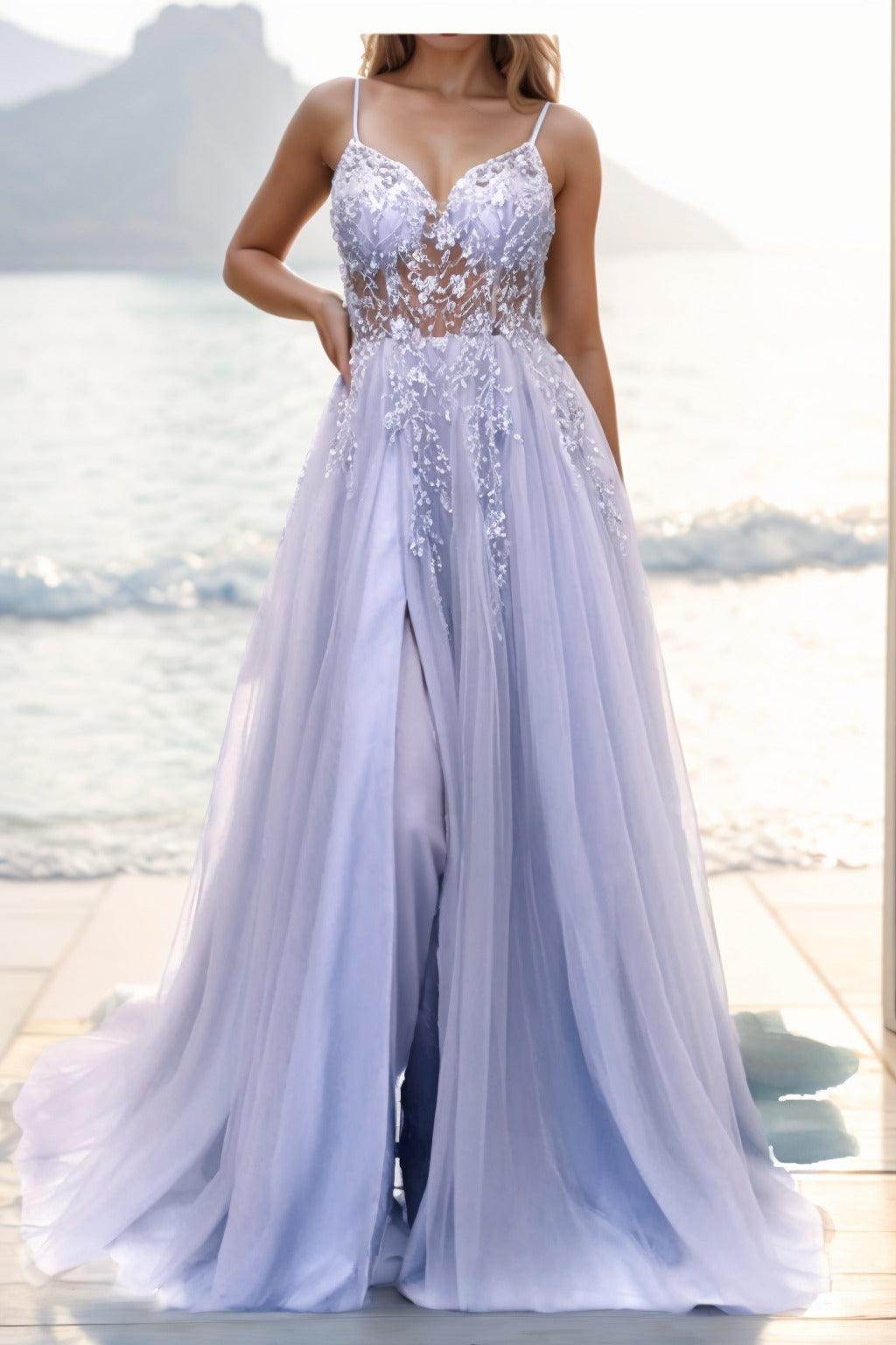 A-line Sweep-Brush Train Tulle Prom Dress CS0402 - COCOMELODY