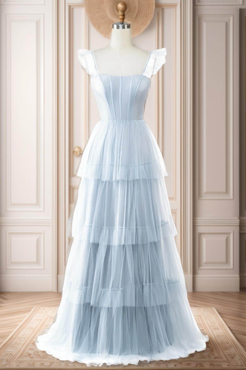 A-Line Sweep-Brush Train Tulle Prom Dress CS0471 - COCOMELODY