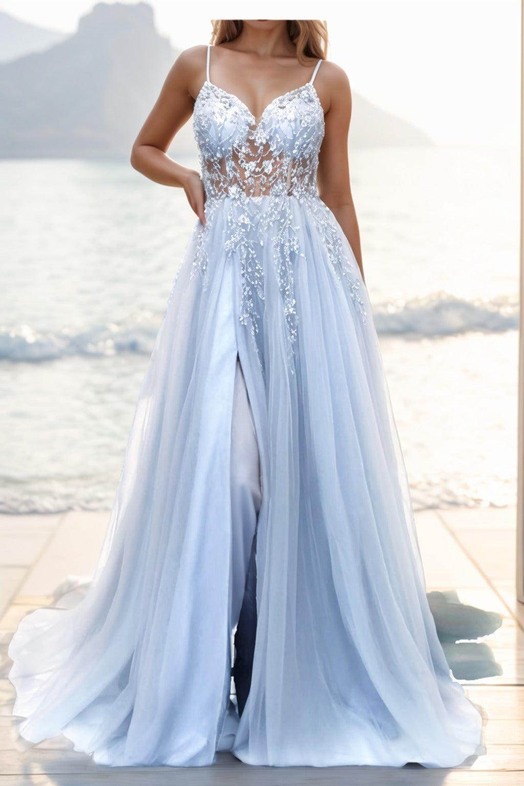 A-line Sweep-Brush Train Tulle Prom Dress CS0402 - COCOMELODY
