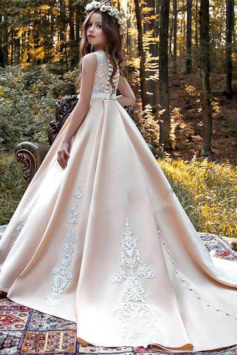 Ball-Gown Scoop Neck Sleeveless Satin Court Train Flower Girl Dresses 607388729160 - COCOMELODY