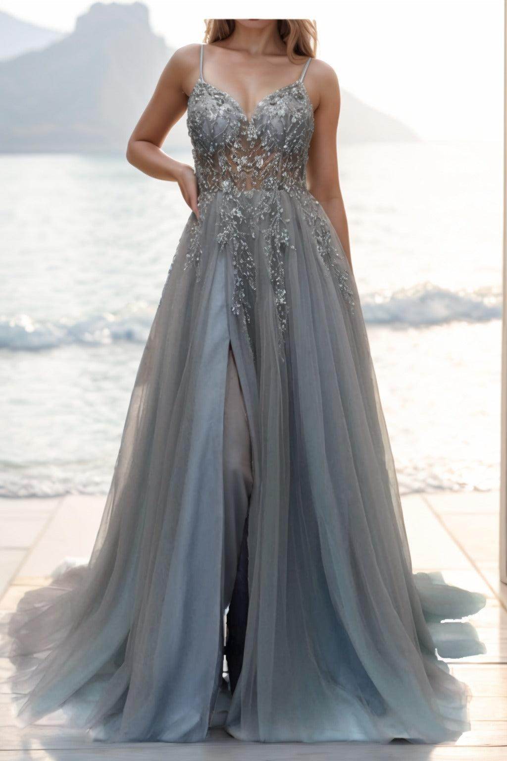A-line Sweep-Brush Train Tulle Prom Dress CS0402 - COCOMELODY