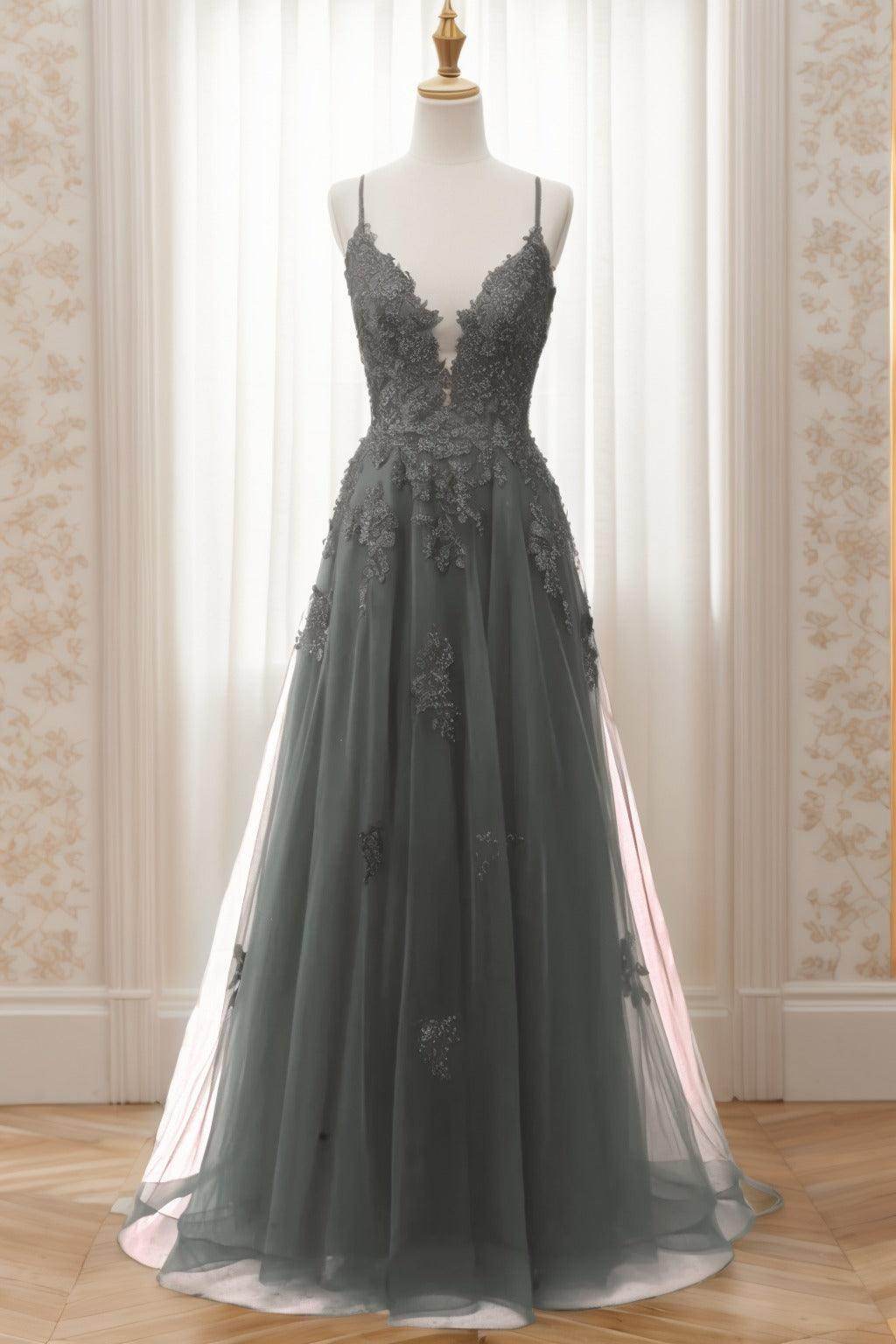 A-Line Sweep-Brush Train Tulle Prom Dress CS0463 - COCOMELODY