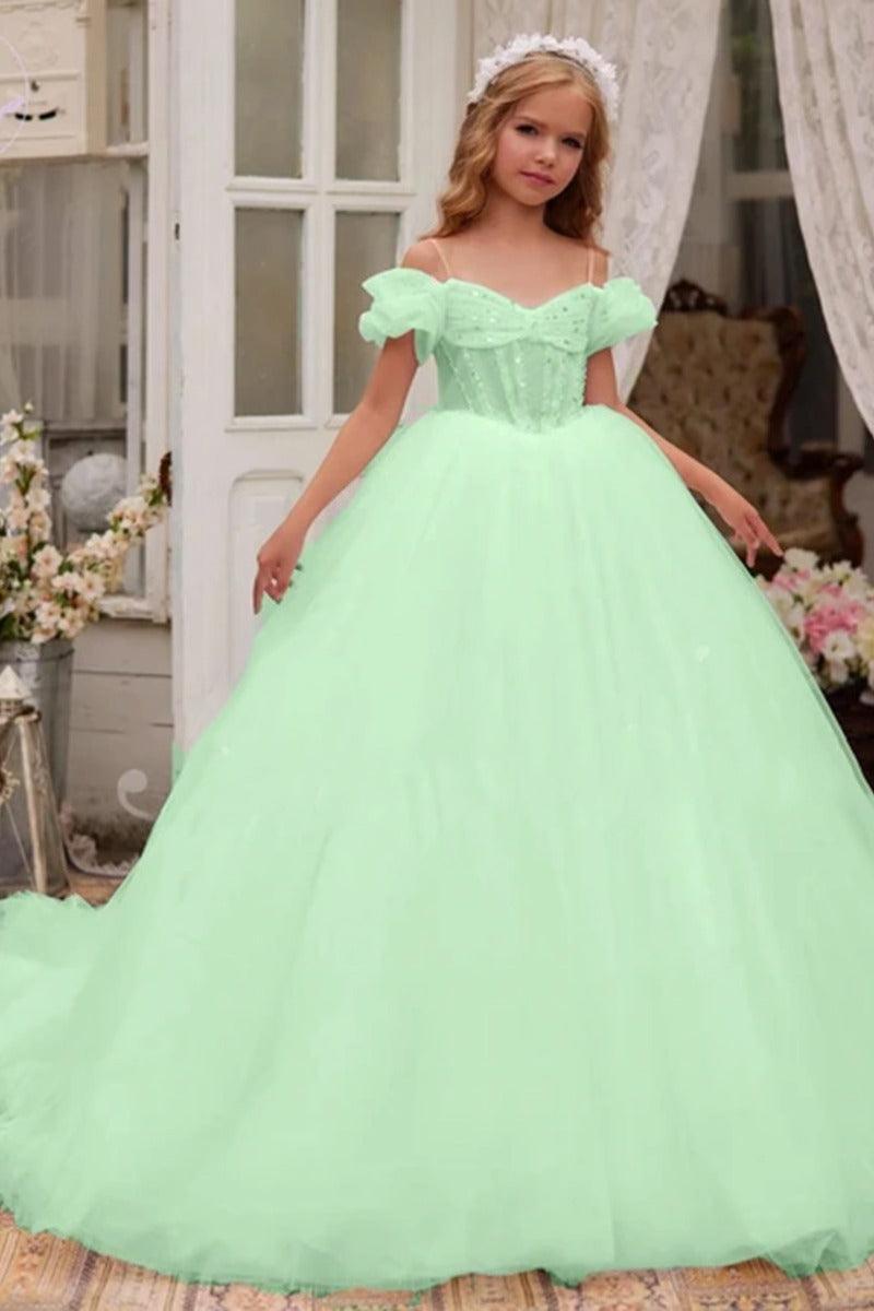 Off-Shoulder Puff Sleeve Corset Tulle Flower Girl Dresses 788863068858 - 10 Days / Mint Green / 2 - COCOMELODY