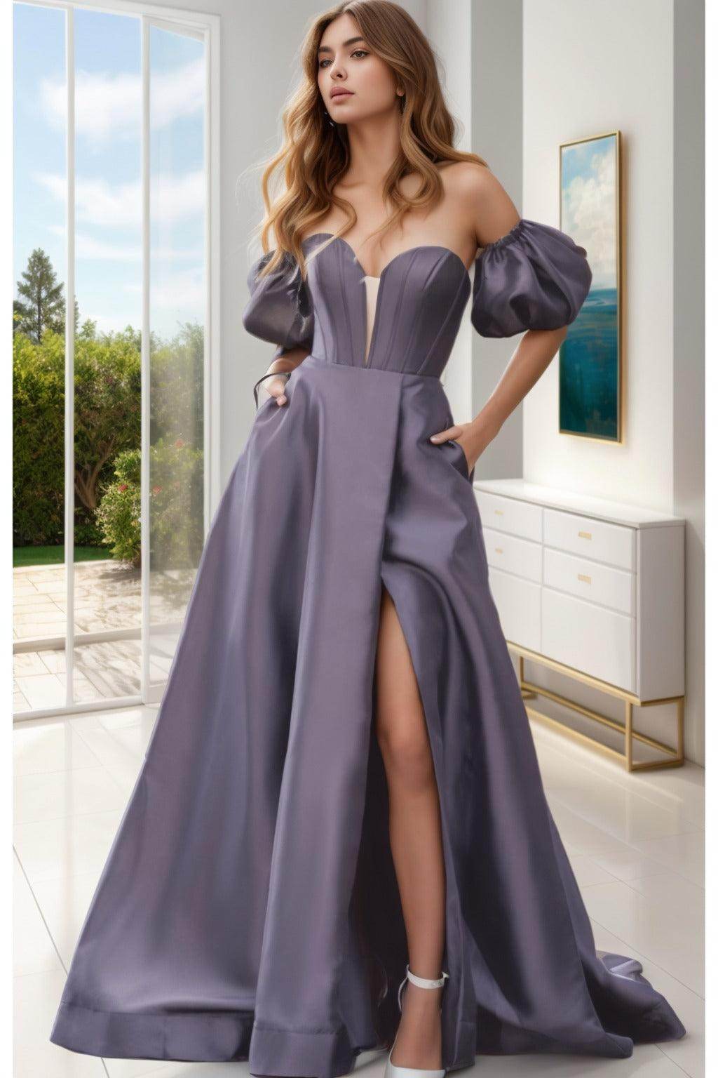 A-Line Sweep-Brush Train Satin Prom Dress CS0448 - COCOMELODY