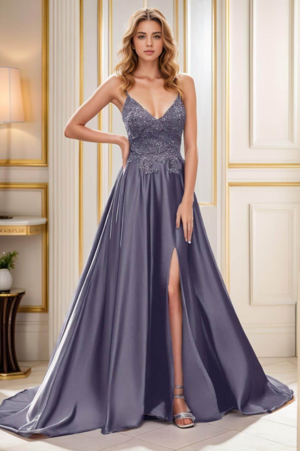 A-Line Court Train Satin Prom Dress CS0460 - COCOMELODY