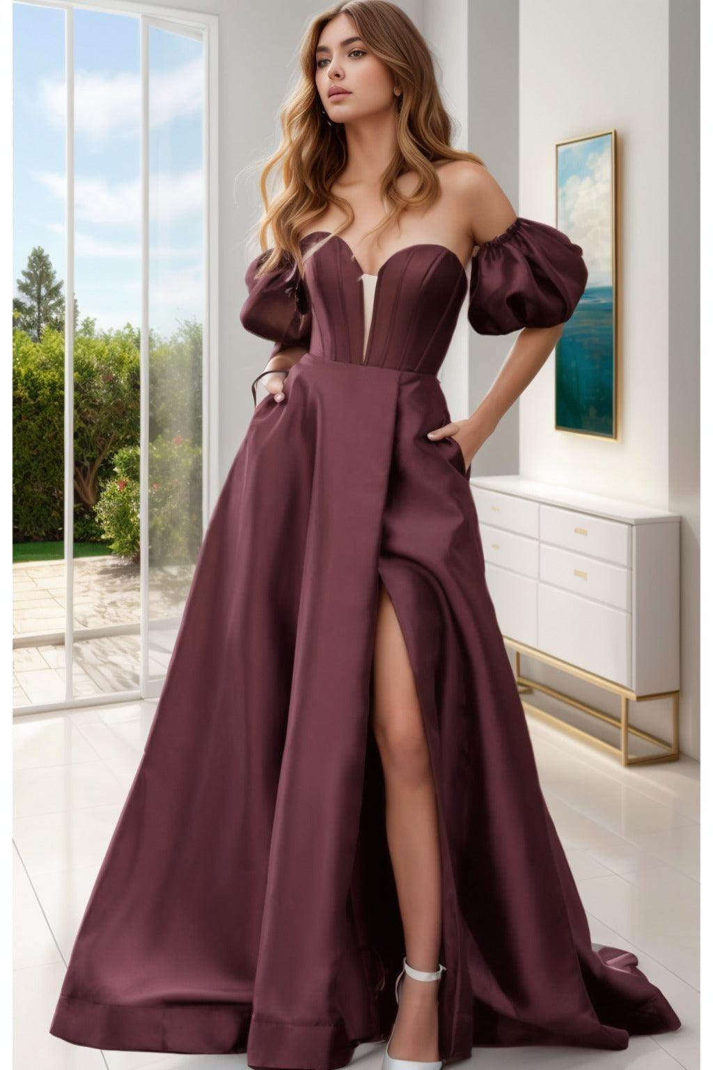 A-Line Sweep-Brush Train Satin Prom Dress CS0448 - COCOMELODY