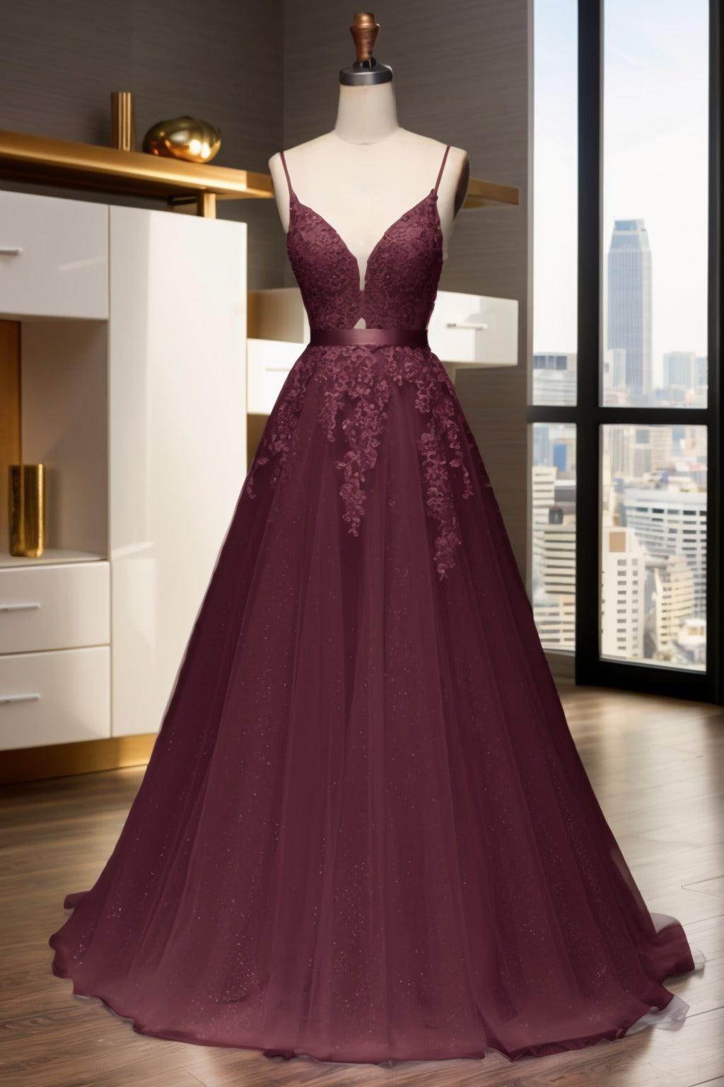 A-Line Sweep-Brush Train Tulle Prom Dress CS0464 - COCOMELODY