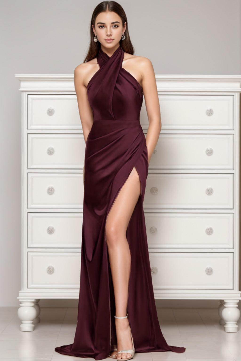 Sheath-Column Sweep-Brush Train Silk-Like Prom Dress CS0431 - COCOMELODY