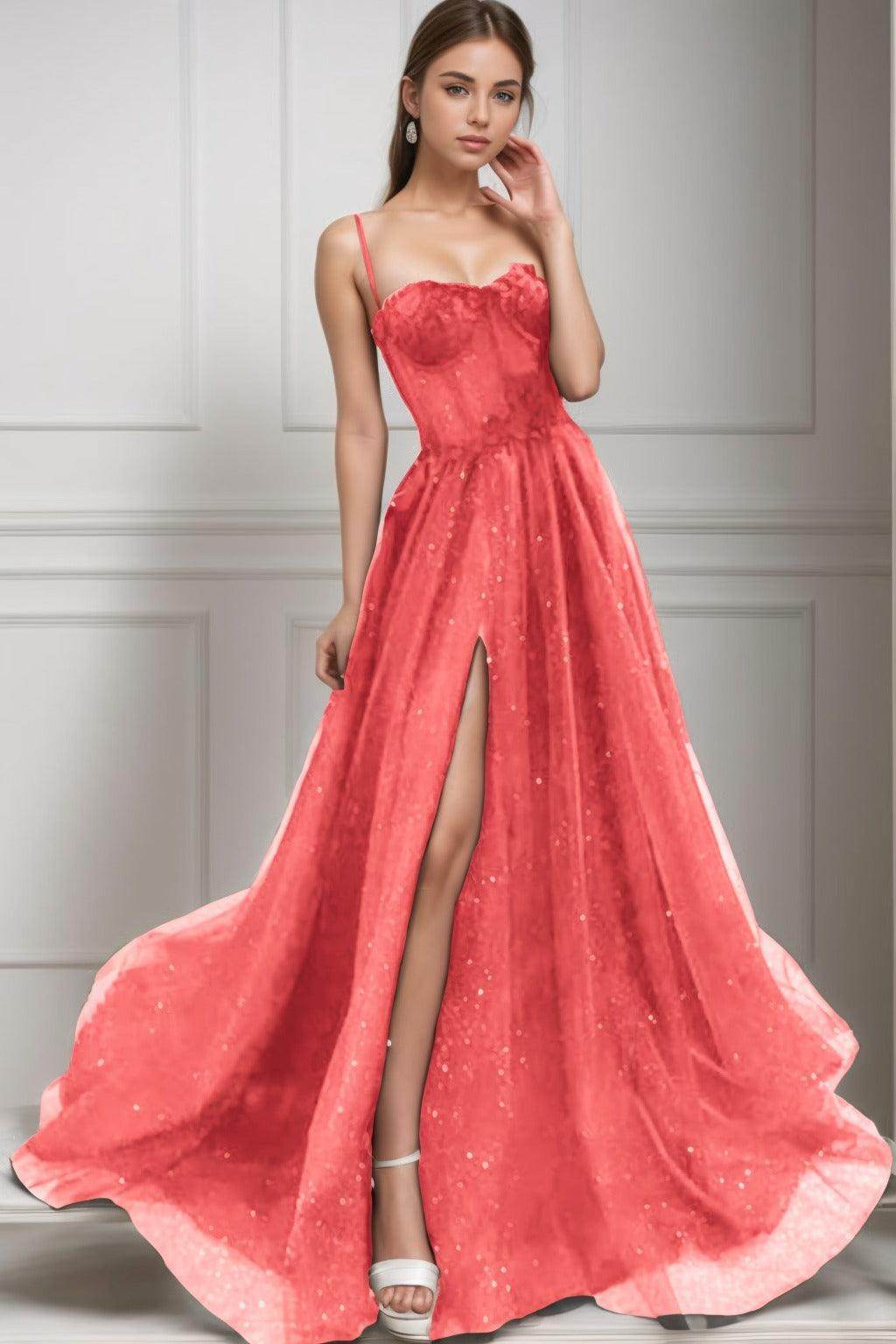 A-Line Sweep-Brush Train Tulle Prom Dress CS0439 - COCOMELODY