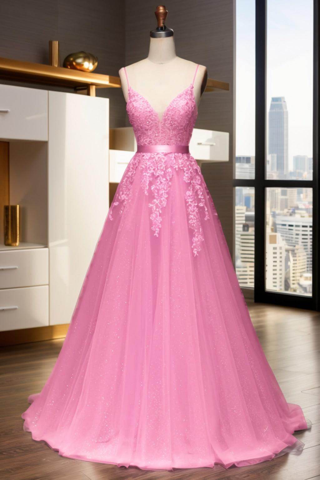 A-Line Sweep-Brush Train Tulle Prom Dress CS0464 - COCOMELODY