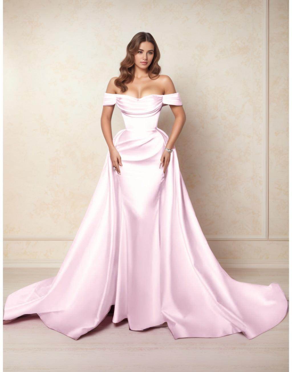 A-Line Chapel Train Satin Prom Dress CS0416 - COCOMELODY