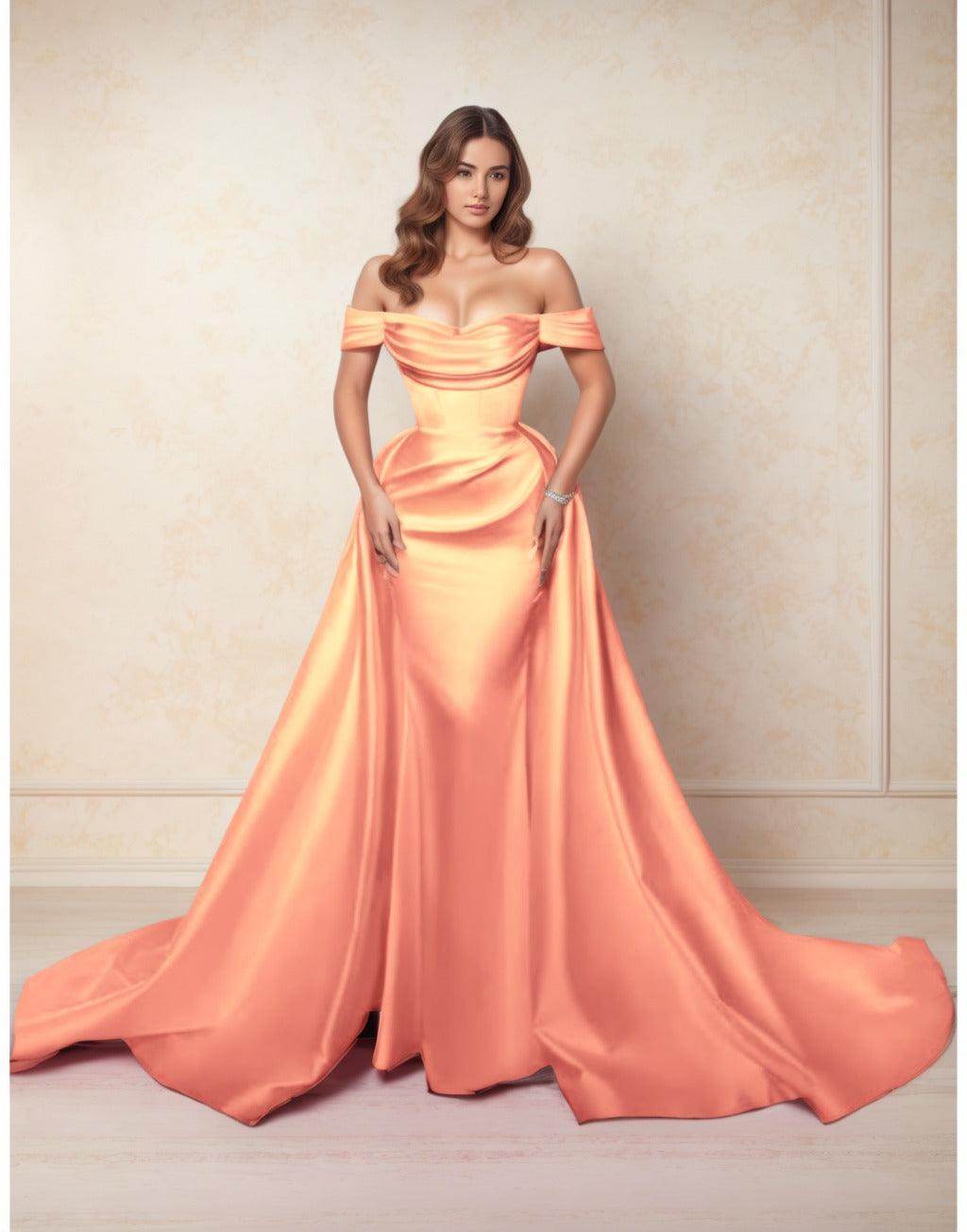 A-Line Chapel Train Satin Prom Dress CS0416 - COCOMELODY