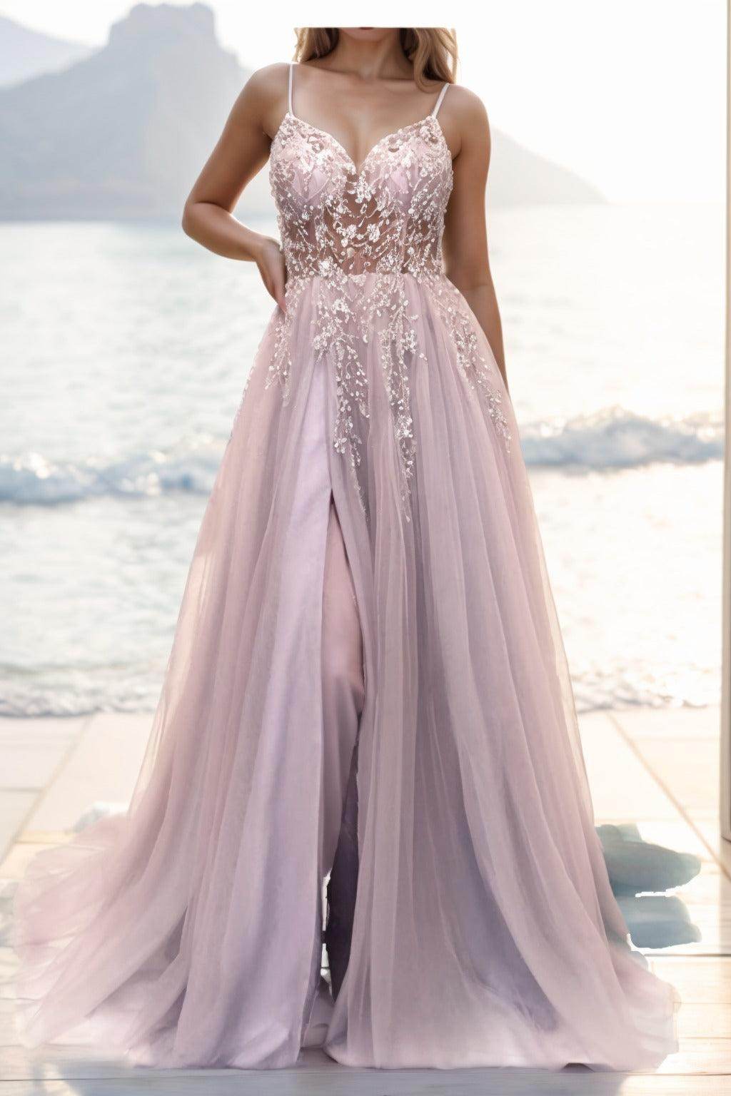 A-line Sweep-Brush Train Tulle Prom Dress CS0402 - COCOMELODY