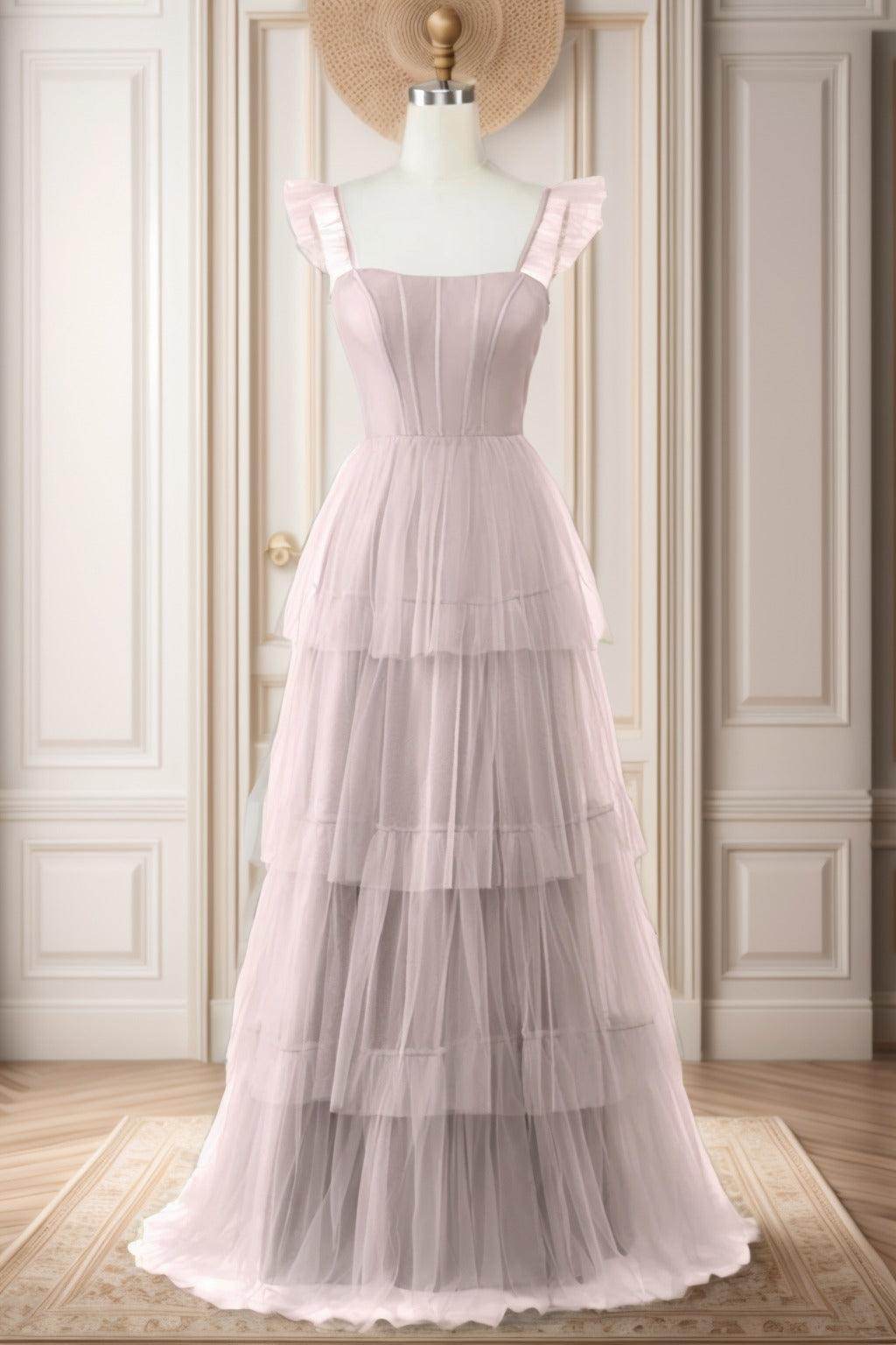 A-Line Sweep-Brush Train Tulle Prom Dress CS0471 - COCOMELODY