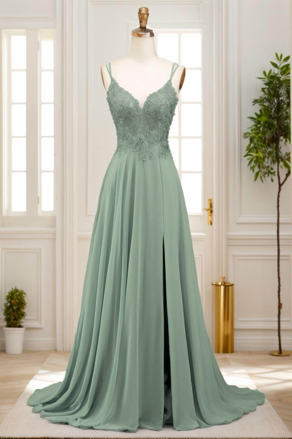 A-Line Sweep-Brush Train Chiffon Prom Dress CS0470 - COCOMELODY