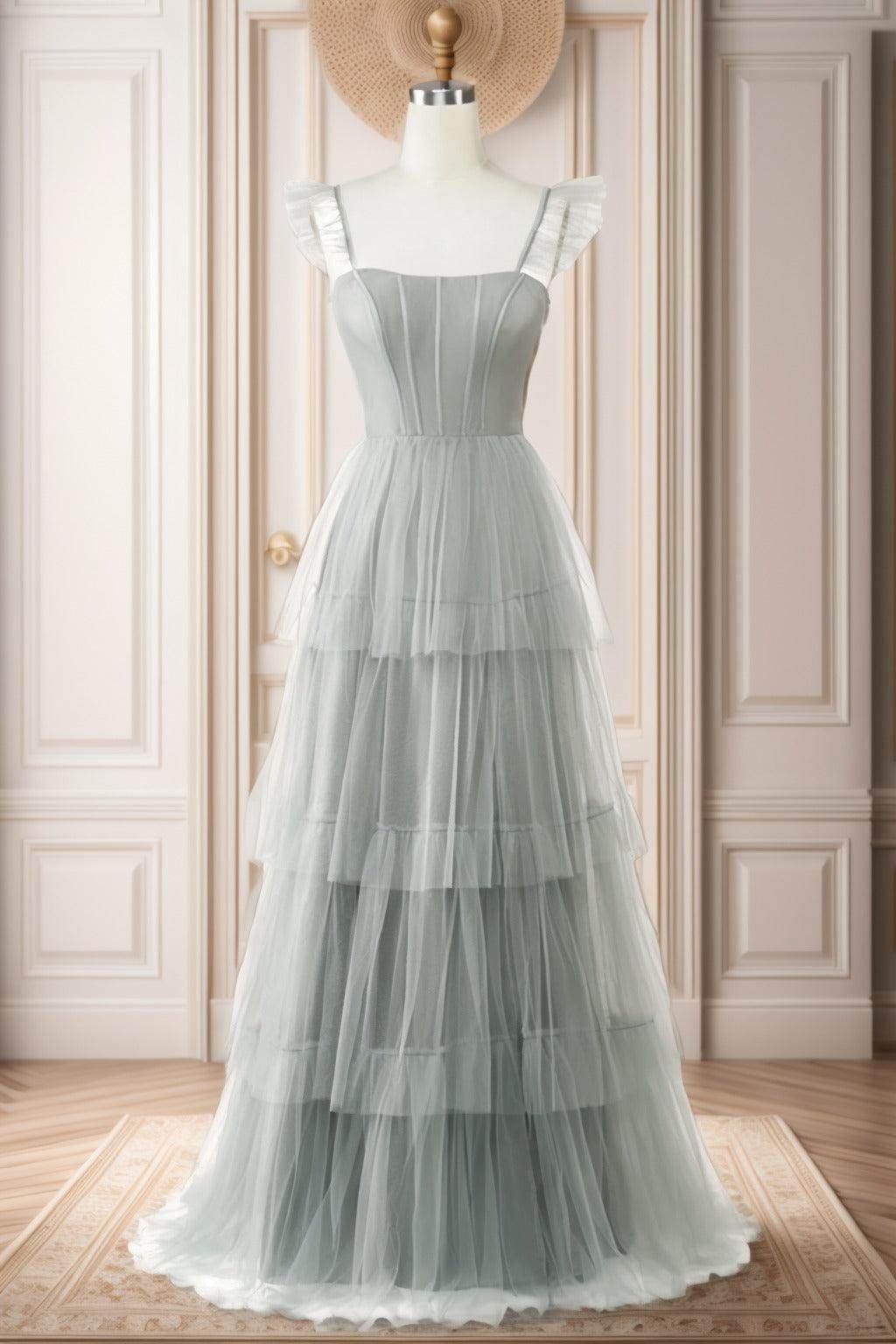 A-Line Sweep-Brush Train Tulle Prom Dress CS0471 - COCOMELODY