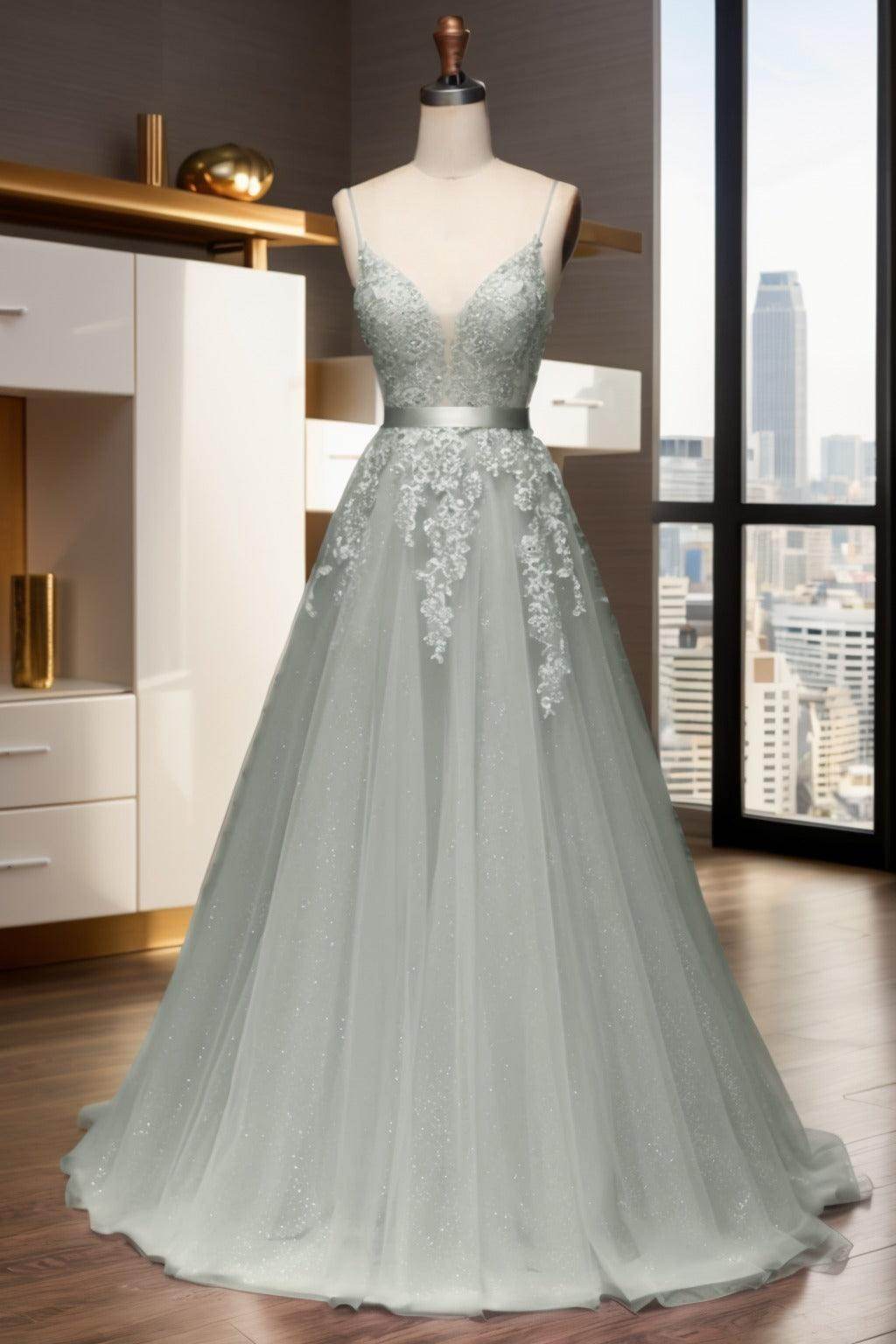 A-Line Sweep-Brush Train Tulle Prom Dress CS0464 - COCOMELODY