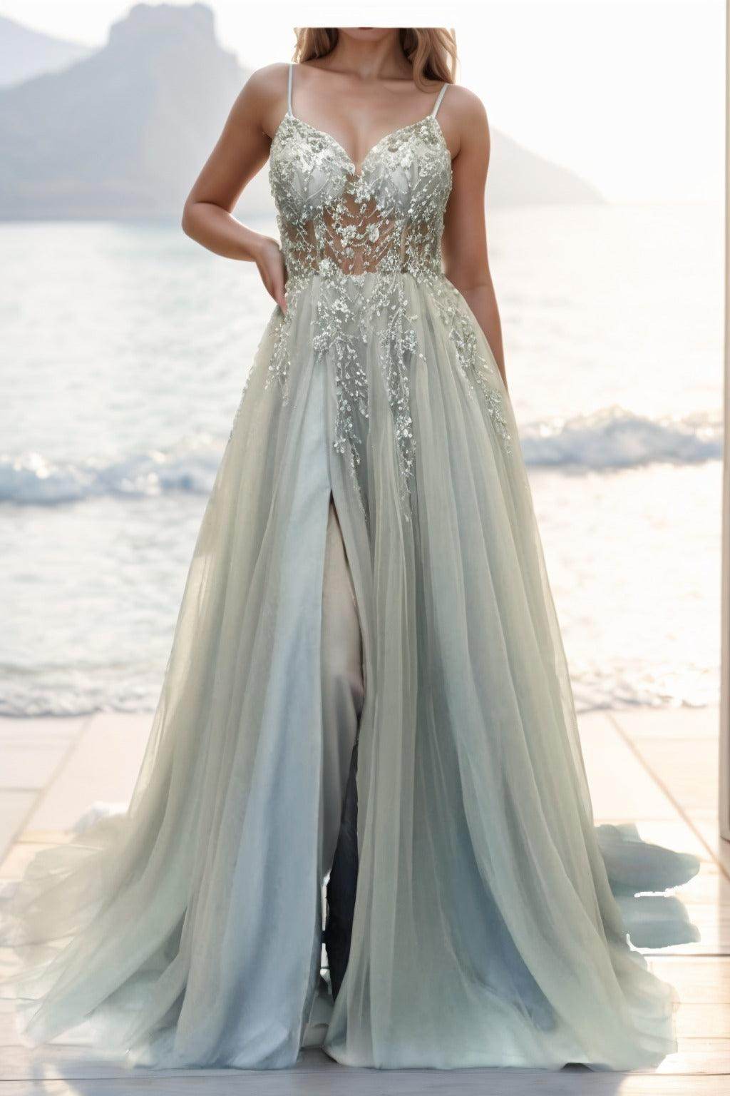 A-line Sweep-Brush Train Tulle Prom Dress CS0402 - COCOMELODY