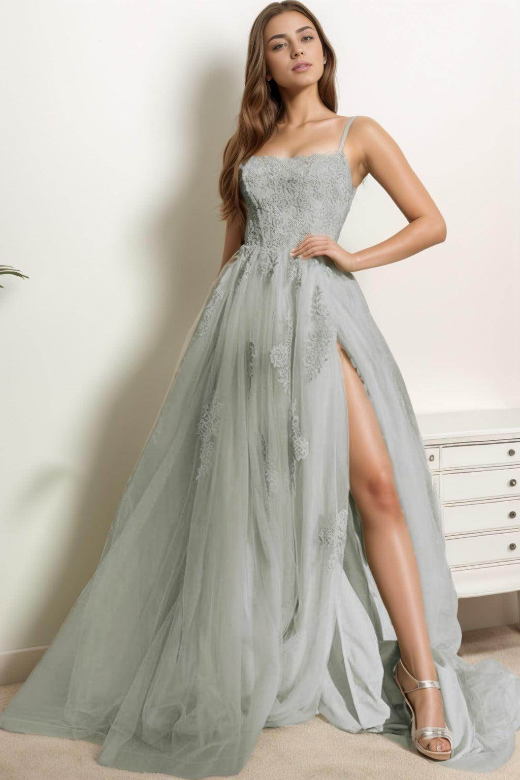 A-Line Sweep-Brush Train Tulle Prom Dress CS0415 - COCOMELODY