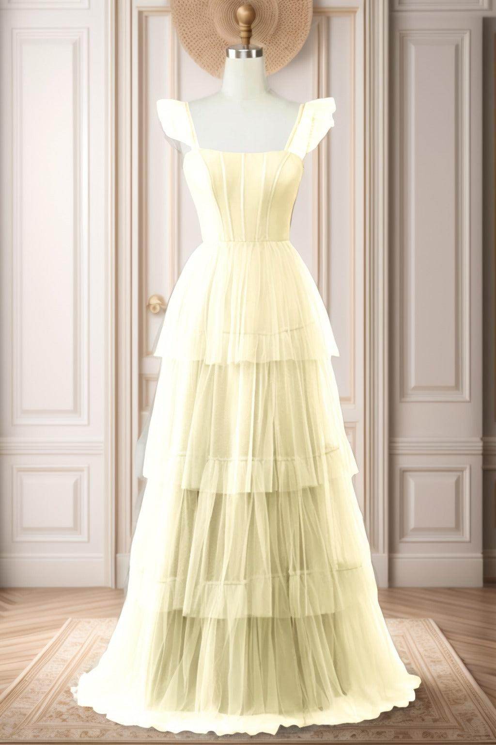 A-Line Sweep-Brush Train Tulle Prom Dress CS0471 - COCOMELODY