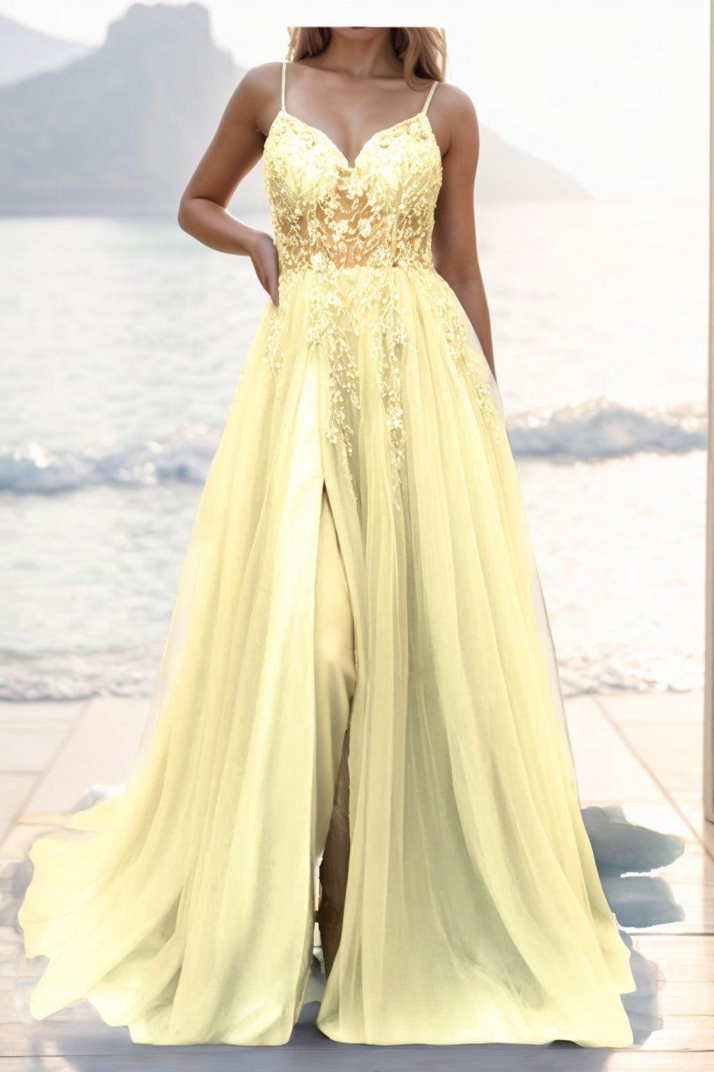 A-line Sweep-Brush Train Tulle Prom Dress CS0402 - COCOMELODY