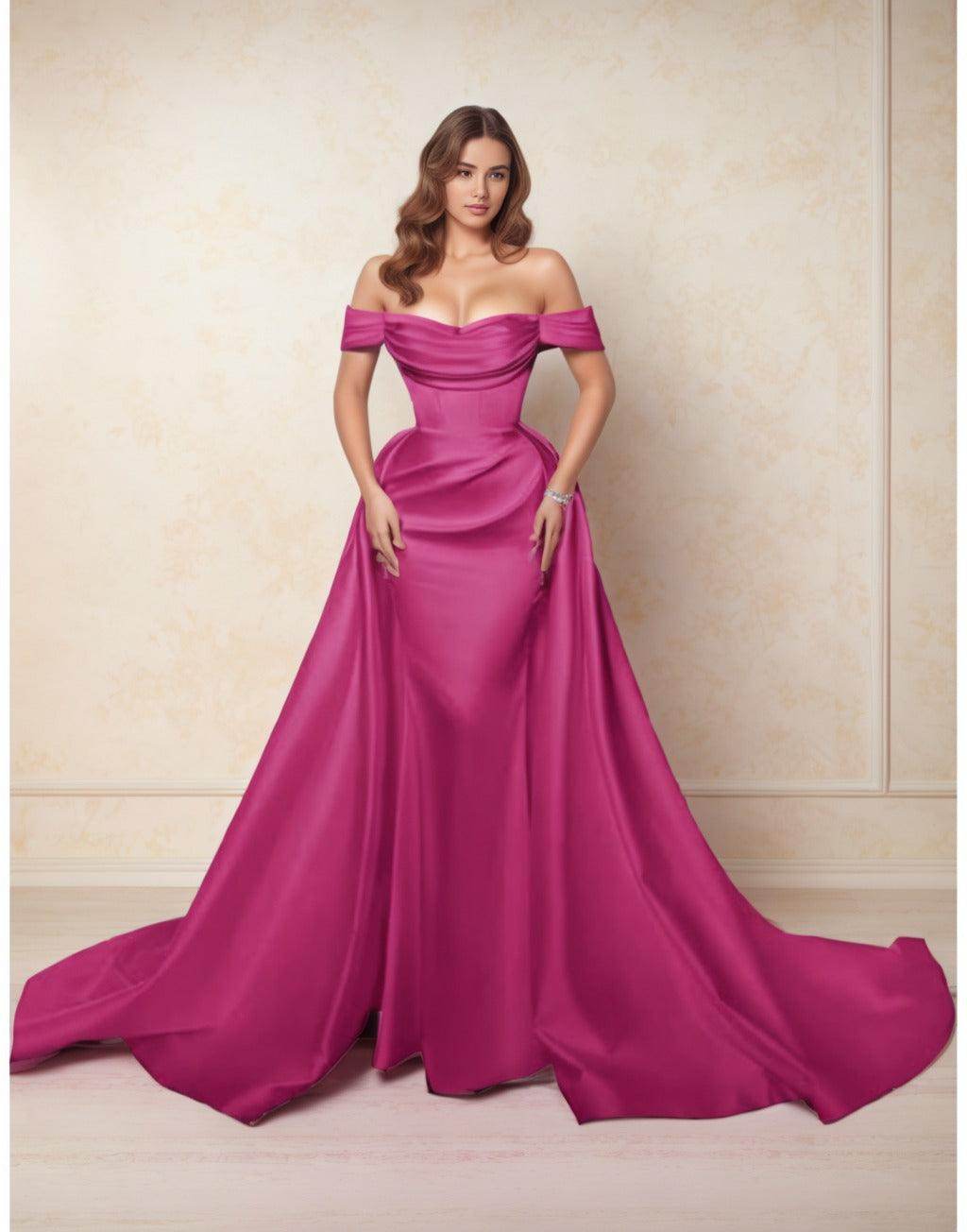 A-Line Chapel Train Satin Prom Dress CS0416 - COCOMELODY