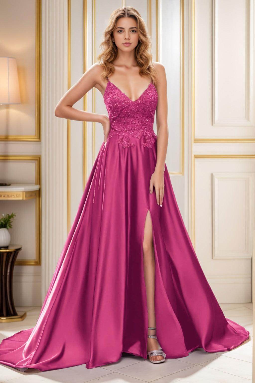 A-Line Court Train Satin Prom Dress CS0460 - COCOMELODY