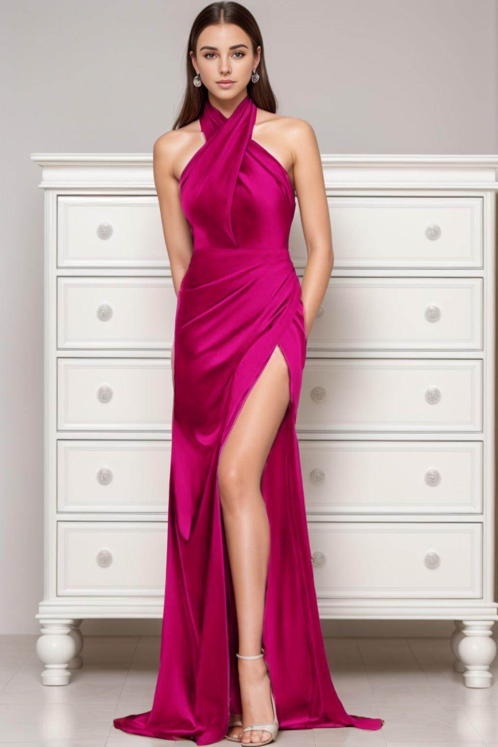 Sheath-Column Sweep-Brush Train Silk-Like Prom Dress CS0431 - COCOMELODY