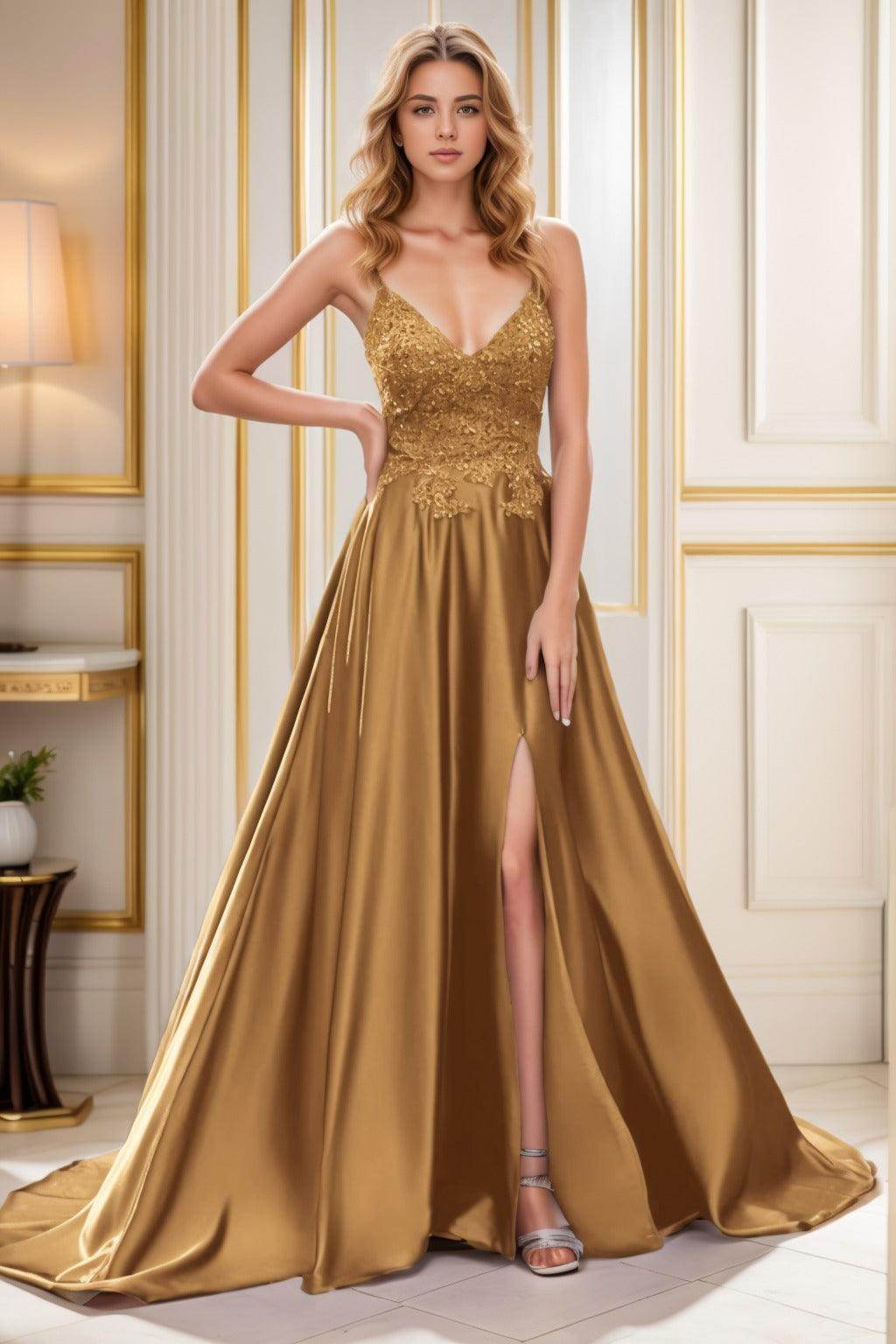 A-Line Court Train Satin Prom Dress CS0460 - COCOMELODY